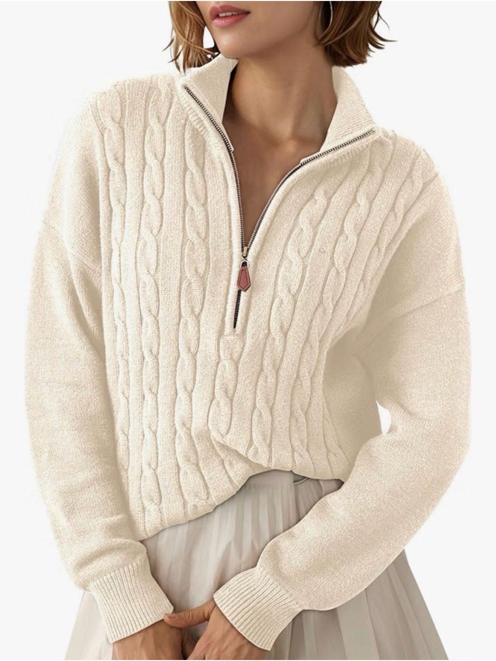 Cozy Cream Cable Half-Zip Turtleneck Sweater